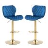 Dark Blue Velvet Adjustable Swivel Bar Stools Set Of 2 Modern Counter Height Barstools With Golden Color Base