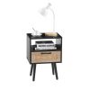 15.75" Rattan End table with Power Outlet & USB Ports ; Modern nightstand with drawer and solid wood legs; side table for living roon; bedroom; black