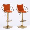 Orange velvet bar chair, pure gold plated, unique design,360 degree rotation, adjustable height,Suitable for dinning room and bar,set of 2