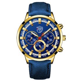 Fashion Mens Watches Luxury Men Sports Gold Stainless Steel Quartz Wrist Watch Man Business Casual Leather Watch часы мужские (Color: Leather Gold Blue)
