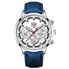 Fashion Mens Watches Luxury Men Sports Gold Stainless Steel Quartz Wrist Watch Man Business Casual Leather Watch часы мужские (Color: Leather Silver Blue)