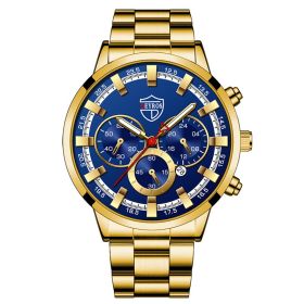 Fashion Mens Watches Luxury Men Sports Gold Stainless Steel Quartz Wrist Watch Man Business Casual Leather Watch часы мужские (Color: Steel Gold Blue)